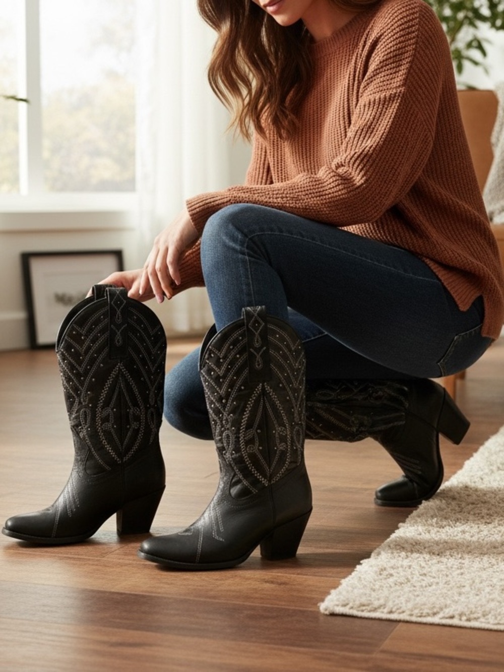 Very Volatile Black Western Heeled Boots with Stud Detail